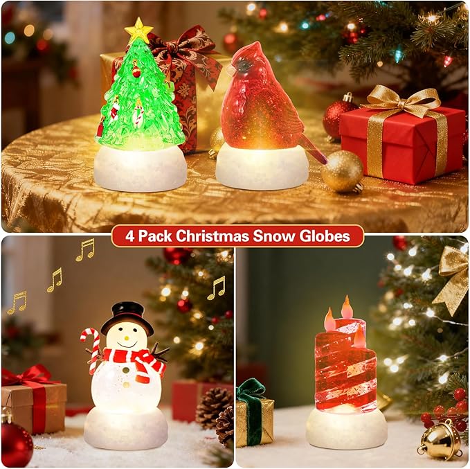 4 Pack Christmas Snow Globes Tree Snowman Cardinal Candle with 8 Songs Music and 6H Timer USB & Battery Powered Water Globe Swirling Glitter for Holiday Decorations (Tree Snowman Cardinal Candle)