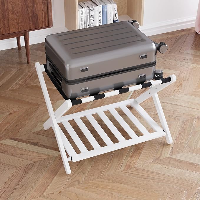 Smuxee Fully Assembled White Luggage Rack, Upgraded Bamboo Foldable Suitcase Stand with 5 Nylon Straps, Luggage Holder with Shelf for Guest Room Bedroom Hotel (White Luggage Rack 1pcs)
