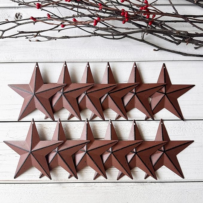 3.8-Inch Metal Barn Star，Metal Star for Outside Texas Stars Art Rustic Vintage Western Country Home Farmhouse Wall/Door Decor, Set of 12. (Rusty)…