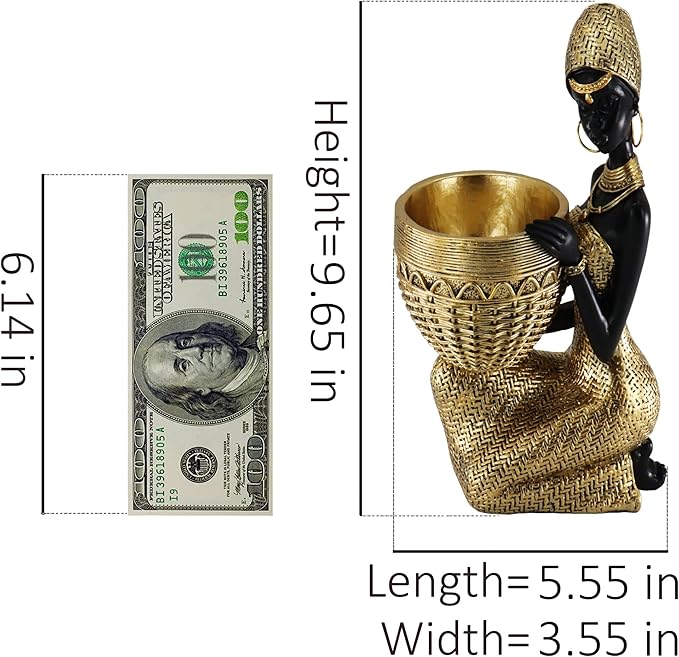 Lescafita Handmade African Tribal Woman Sculpture - Gold Adorned Seated Figure with Basket, Vintage Resin Statue for Home Decor, Unique Housewarming Gift for Shelf/Table (9.65" H)