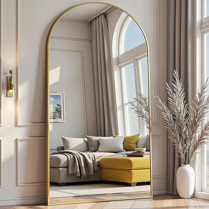 Prywot Arched Full Length Mirror, 71"x30" Free Standing Floor Mirror, Modern Full Body Mirrors with Stand, Wall Mirrors with Aluminum Alloy Frame for Bedroom,Living Room, Gold