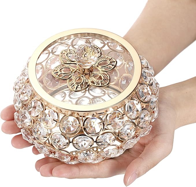 Hipiwe Crystal Jewelry Trinket Box with Glass Lid Gold Mirrored Treasure Box Decorative Jewelry Box Ring Earrings Necklace Storage Keepsake Box Gift for Women
