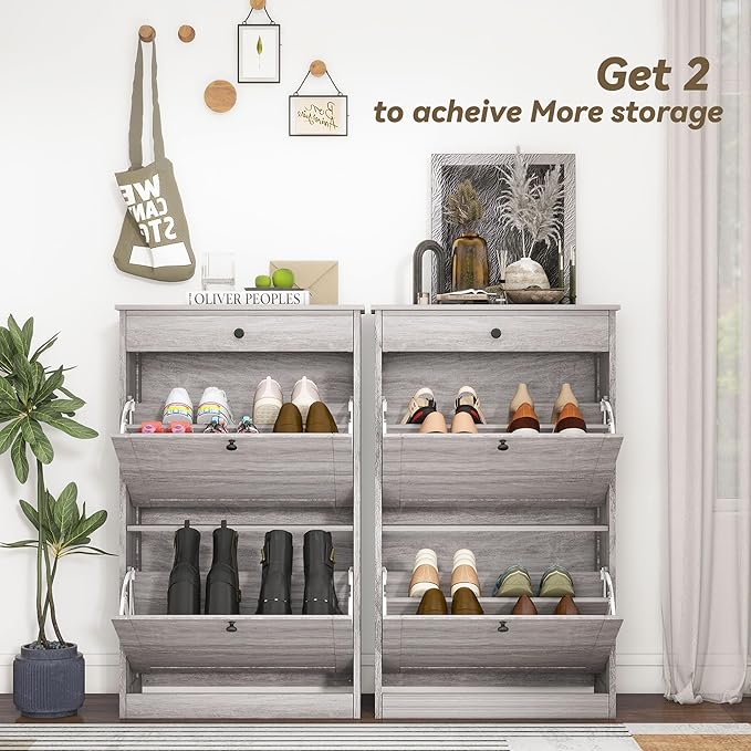 Shoe Storage Cabinet with 2 Flip Drawers, Narrow Freestanding Hidden Shoe Rack Cabinet, Pet-Proof Shoe Organizer for Closet, Entryway, Hallway, Wash Grey