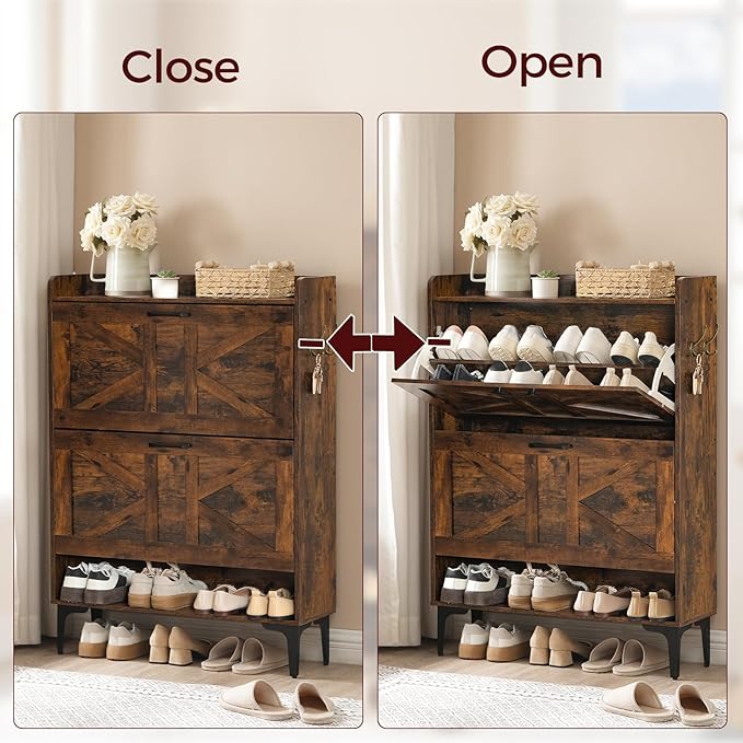 Shoe Storage Cabinet, Shoe Organizer with 2 Flip Drawers, Hidden Shoe Storage for Entryway, Freestanding Organizer with Open Storages, Rustic Brown SHHR9401N1