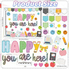 Back to School Bulletin Board Decoration, Happy You're Here Bulletin Board Set, Composition Notebook Happy Face Apple Daisy Cutouts for Classroom First Day of School Chalkboard Wall Door Teacher Decor