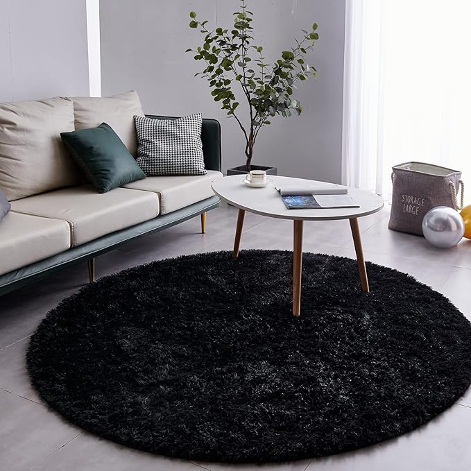 FJZFING Black Round Rug Ultra-Soft Plush Modern 7x7 Circle Area Rug for Kid's Bedroom, Fluffy Shag Circular Rug for Nursery Room, Non-Slip Home Decor Cute Black Carpet for Teen's Room
