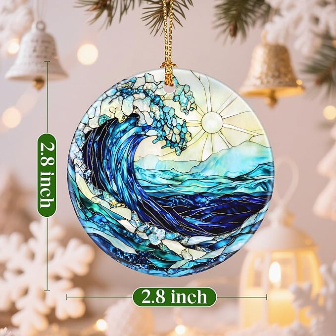 Christmas Ornaments, 2.8 Inch Ceramic Hanging Ornament, Christmas Tree Ornaments, Xmas Decorations, Holiday Decorations, Holiday Party Gifts, and Xmas Gift Ideas - Ocean Wave