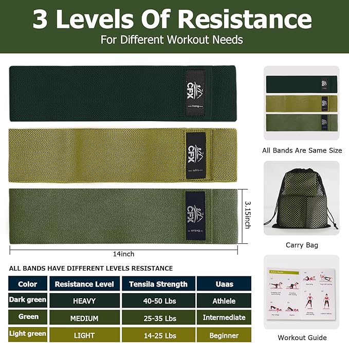 CFX Resistance Bands Set, Exercise Bands with Non-Slip Design for HIPS & Glutes, 3 Levels Workout Bands for Women and Men, Booty Bands for Home Fitness, Yoga, Pilates