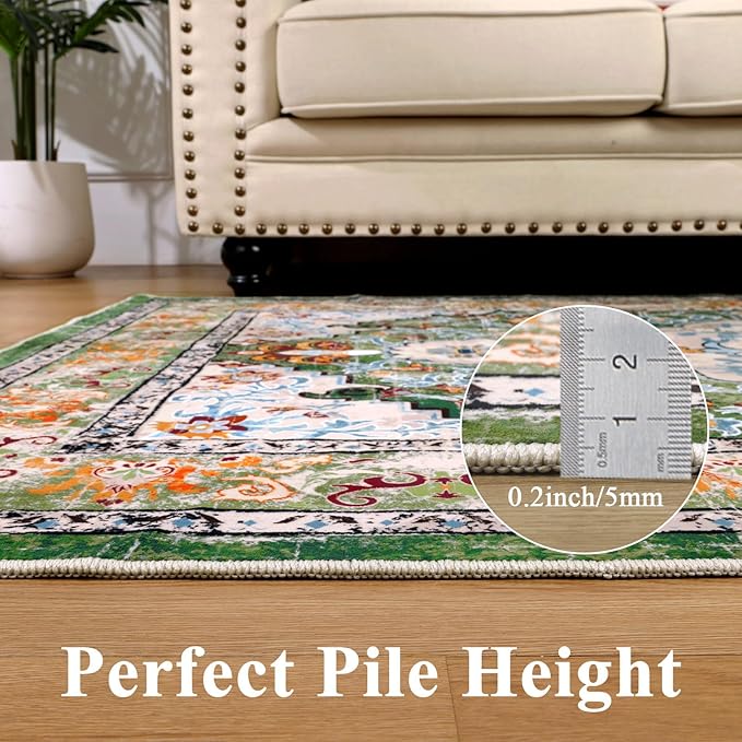 U'Artlines Boho Round Vintage Area Rug 4ft Machine Washable Low Pile Soft Floor Carpet Non Slip Non Shedding Accent Rug for Living Room Bedroom Entryway Dining Room Office Green