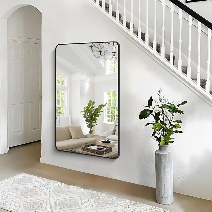 BONEWEI 55x36 inch Bathroom Mirror,Black Rectangle Mirror,Wall Mounted Bathroom Frame Vanity Mirror with Round Corner for Bedroom Living Room, Entryway Hangs Horizontal or Vertical