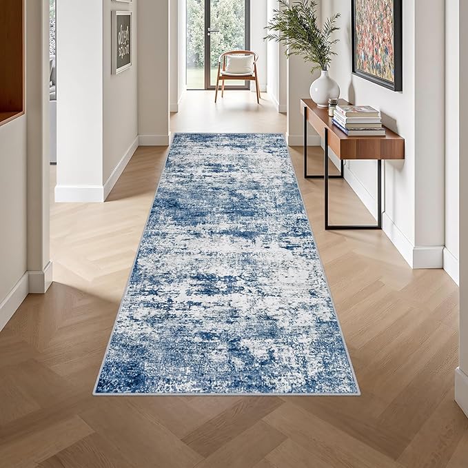 Washable Area Rug 3x8 Entryway Rug: Washable Modern Abstract Soft Thin Rug Indoor Floor No Slip Stain Resistant Carpet for Bedroom Dining Room Farmhouse Nursery Home Office - Blue