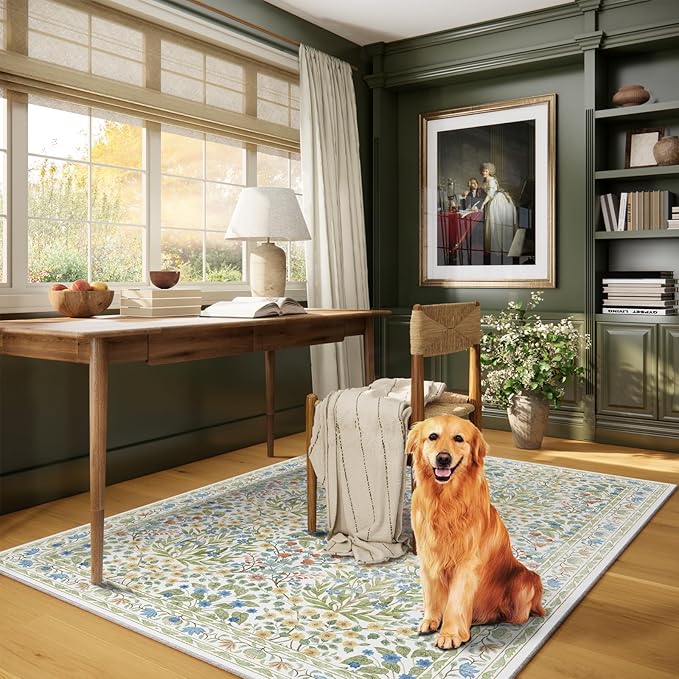 4x6 Feet Area Rug for Living Room Bedroom, Washable Non-Slip Large Rug, Ultra Soft Stain Resistant, Beige Green Distressed Floral Design