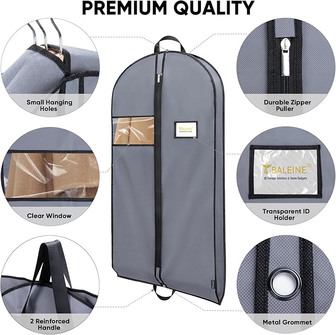 BALEINE 5PK Heavy Duty Garment Bag with Shoe Storage Travel Bag for Dresses, Suit, Coats Travel Essential (54", Grey)