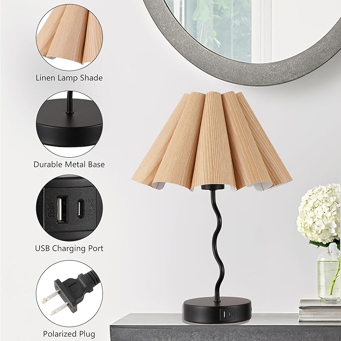 EOEYYOYB Pleated Table Lamp, Table Lamp for Bedroom, Bedside Lamps for Nightstand with Linen Lampshade, Modern Lamp for Bedroom Home Office Decor, Burlywood