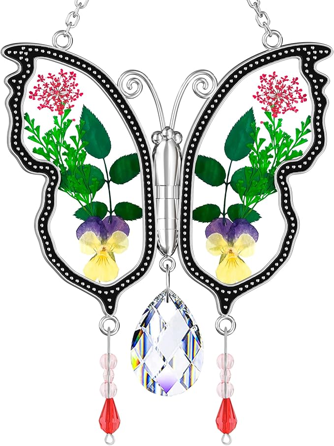 KY&BOSAM Crystal Butterfly Suncatcher Gifts for Mom Stained Glass Butterfly Wind Chime for Windows Hanging Pressed Rearl Flower Wings and Crystal Charm Gift for Mom Mother`s Day Birthday Christmas