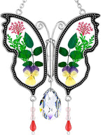 KY&BOSAM Crystal Butterfly Suncatcher Gifts for Mom Stained Glass Butterfly Wind Chime for Windows Hanging Pressed Rearl Flower Wings and Crystal Charm Gift for Mom Mother`s Day Birthday Christmas