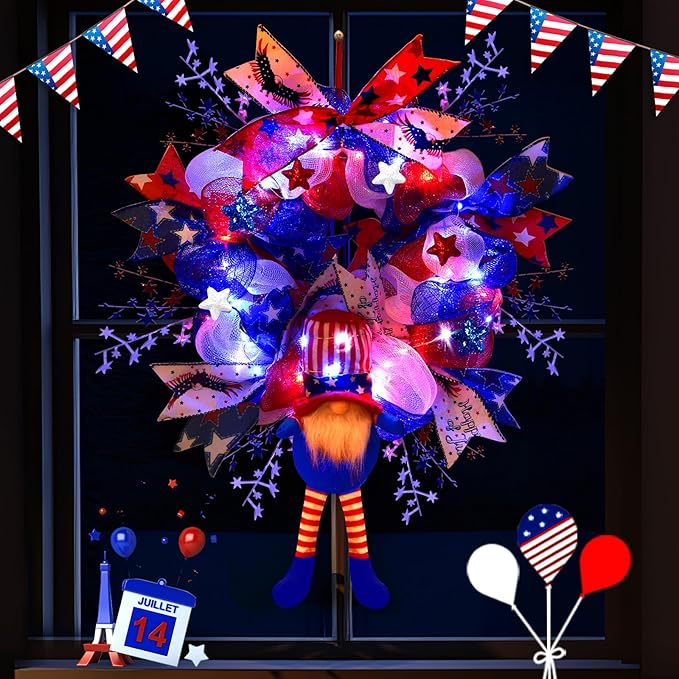 Lighted Up 4th of July Wreaths with Bow, Red White and Blue Mesh Artificial Wreath, American Flag Patriotic Gnome Wreath Decor for Independence Day Front Door Farmhouse Home Wall