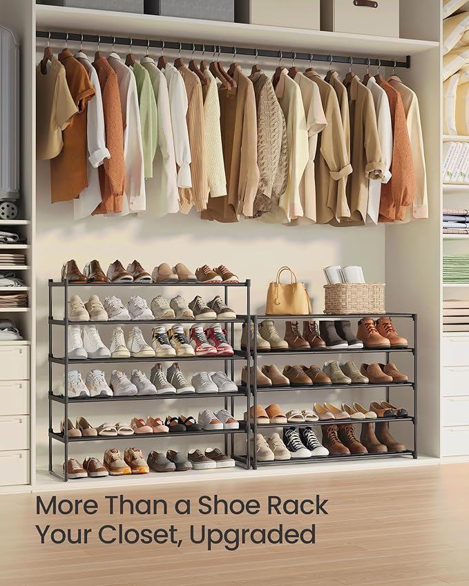 SONGMICS Shoe Rack, 10-Tier Shoe Organizer, Metal Storage Shelf, Upright or Upside Down, for 44-55 Pairs, for Entryway, 11.8 x 36.2 x 68.1 Inches, Black ULSA011B01