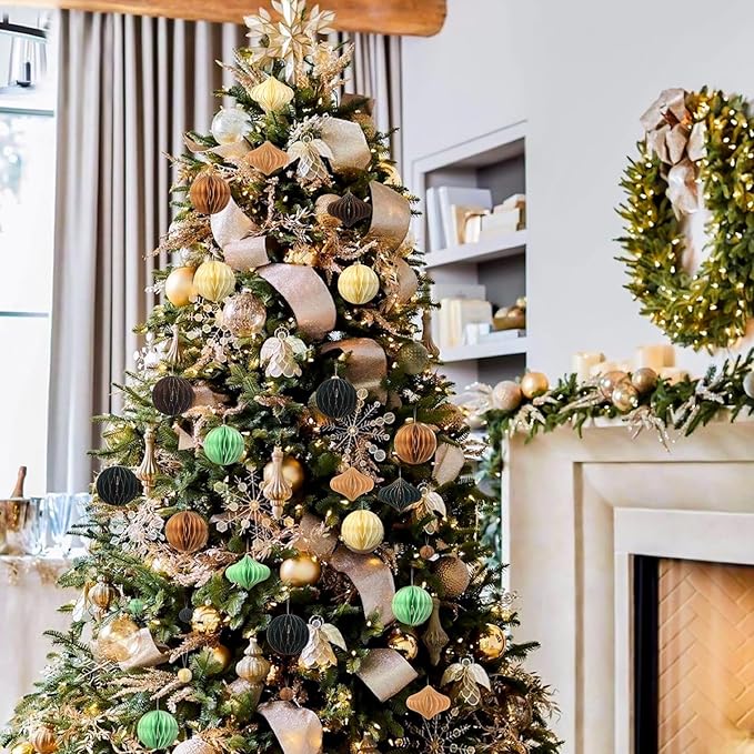 TecUnite 50 Pcs Christmas Paper Honeycomb Ornaments for Tree Vintage 3D Mini Glitter Edge Paper Christmas Ornament Honeycomb Tree Hanging Neutral Boho Holiday Xmas Party Decoration(Neutral)