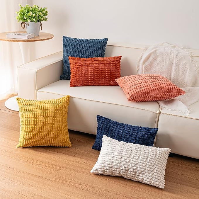 Aegero Pack of 2 Corduroy Decorative Throw Pillow Covers 12x20 Inch Soft Striped Pillow Covers Modern Farmhouse Home Decor for Sofa Living Room Couch Bed（White）