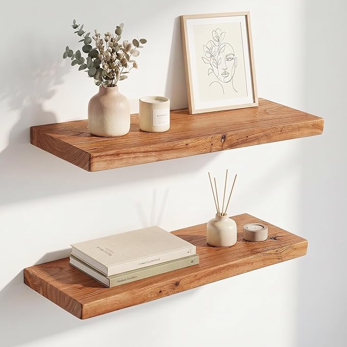 24 Inch Floating Shelves, Solid Wood Wall Shelves, 8 Inch Deep Floating Shelf – for Bathroom, Bedroom, Living Room, Kitchen, Home Decor & Storage, Heavy-Duty Wooden Shelf Wall-Mounted, Set of 2