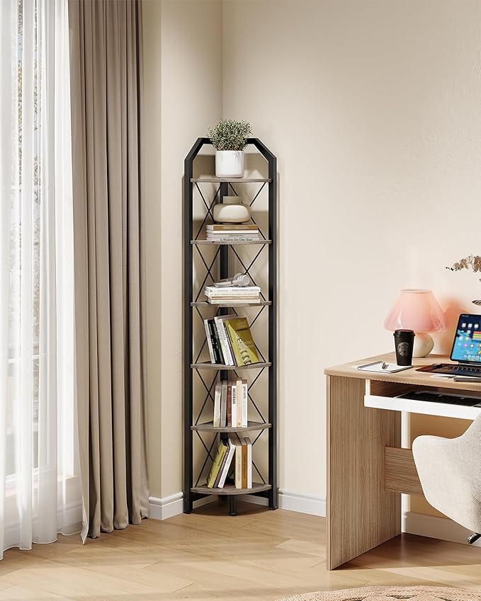 CHOEZON 6-Tier Corner Shelf, Industrial Corner Bookshelf, 71.2" Corner Storage Stand, Plant Stand Display Shelf, Corner Bookcase for Bedroom, Living Room, Home Office, Greige and Black TCJ11BG