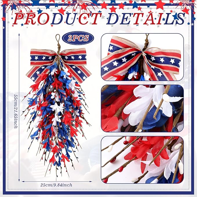 2 PCS 24'' Patriotic American Swag for Front Door 4th of July Teardrop Swags Independence Day Swags Wreath Red White Blue Flag Forsythia Flowers Hanging Swag for Memorial Day Flag Day Cabinet Decor
