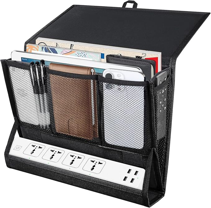 AKAYOK Bedside Caddy Hanging Bed Organizer Storage Bag Pocket with Power Strip Holder Multi-functional Organizer Caddy for Remotes Phone Glasses Magazines, Tablets, Accessories (7 pocket)