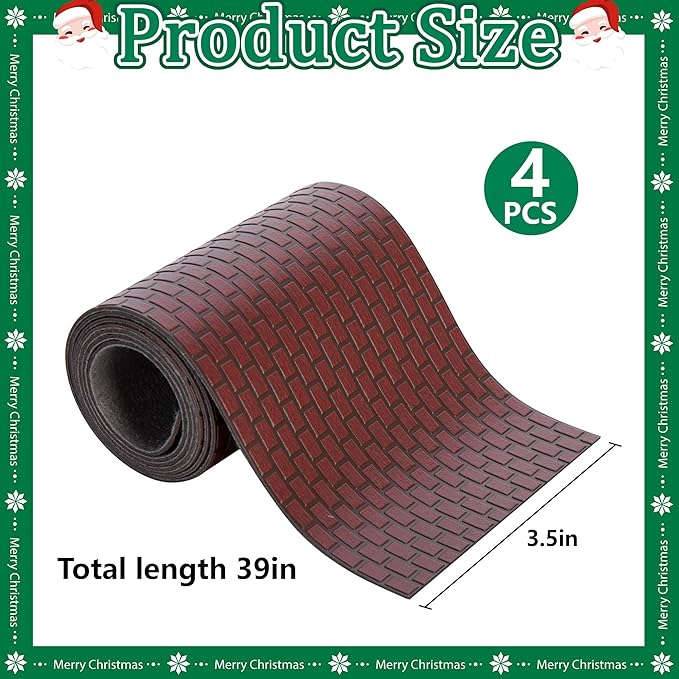 Iceyyyy 4 Pcs Christmas Village Reddish Brown Brick Road-39 x 3.5 Inch Cuttable Christmas Village Landscape Road-Miniature Xmas Village Accessories for Home Garden Street Landscape Decorations