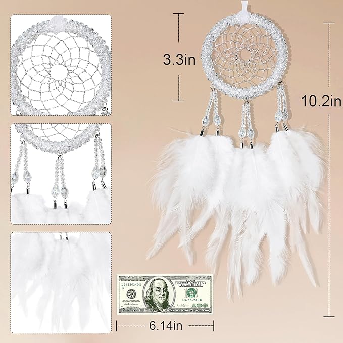 Luxury Dream Catchers - White Rooster Feather with Crystal Diamond, Lace Lanyard, Handmade Small Dreamcatcher for Bedroom, A Dream Catcher for Girls, Dream Catchers for Boys, Dream Catcher Wall Decor