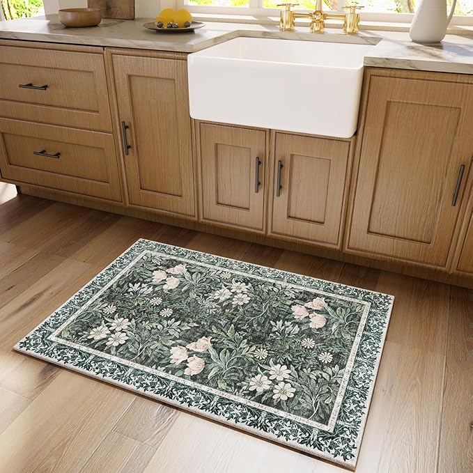 Washable Entry Vintage Floral with Ornate Border Rug 2x3 - Front Door Rugs Indoor, Non-Slip Bathroom Small Rugs, Vintage Floral Style Rug for Kitchen, Perfect for Entryway Décor