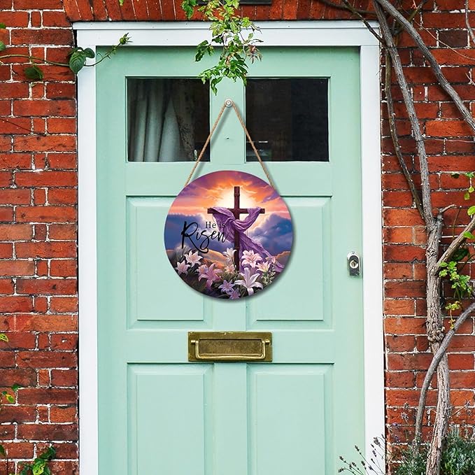 Harooni He is Risen Easter Wreaths for Front Door Decor He is Risen Sign Religious Floral Cross Door Wreath He Has Risen Easter Wooden Decorations 12in Spring Easter Door Hanger for Home Wall Proch