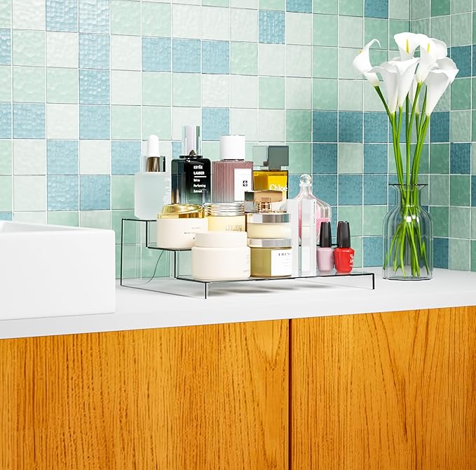 Yieach 3 Tiered Acrylic Display Stands for Cupcake Stand,Perfume Shelf Organizer,Figure and Funko Pop Display,No Installation,Clear Table Risers Display Stands for Collectibles,Makeup and Dessert,1PCS