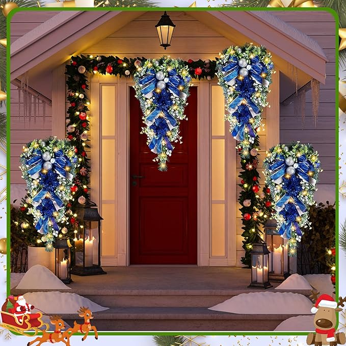 Lyrow 4 Pcs Cordless Prelit Christmas Artificial Swags 24" Xmas Stairway Swag Teardrop Trim with Timer Christmas Staircase Decoration Battery Operated Garland for Indoor Outdoor Railing Decor, Blue