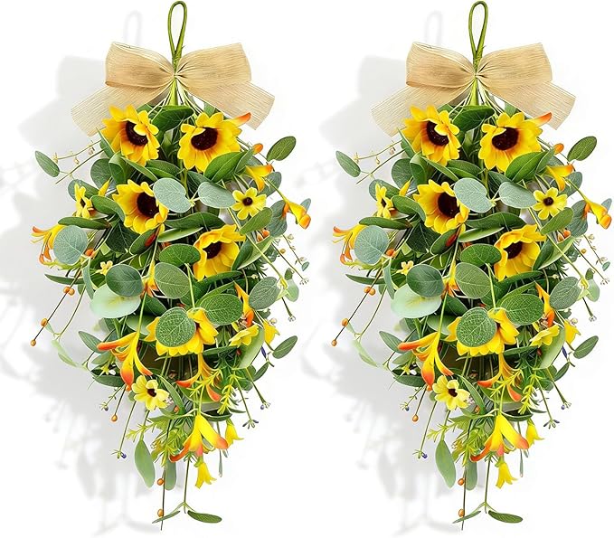 2 Pack 21'' Summer Sunflower Swag Wreaths for Cabinets Artificial Yellow Daisies Flower Teardrop Wreath with Orange Berry and White Sprigs Floral Wreath for Farmhouse Front Door Porch Window Wall