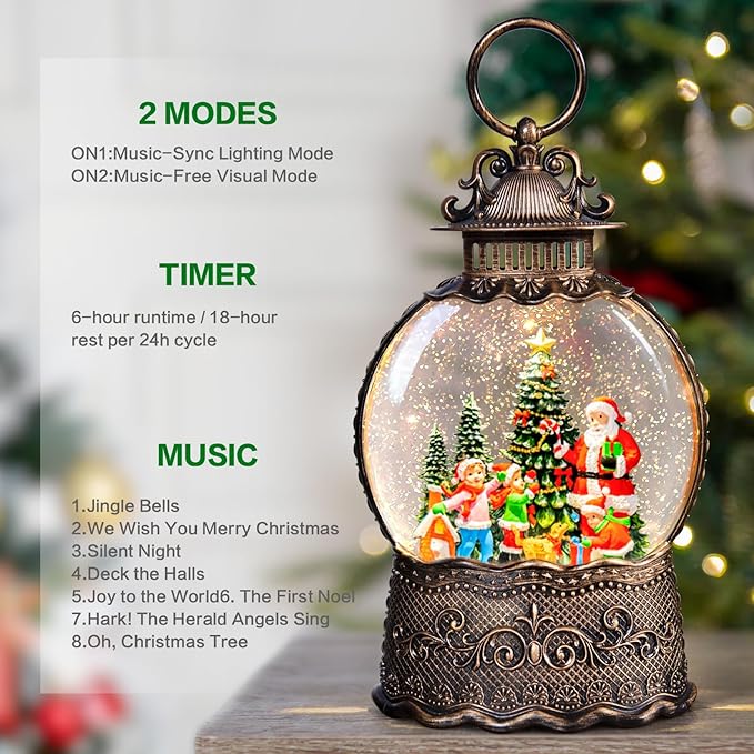 Christmas Snow Globes Lantern with Music, Santa Claus Scene Snow Globes with Swirling Glitter Effects, USB/Battery Powered with 6-Hour Timer, Christmas Decorations