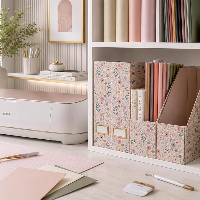 BLU MONACO | Cardboard Magazine File Holder Set of 4 | Standing File Holder with Floral Boho Design | Foldable Cardboard Bins for Shelves Desk Office Storage
