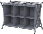 Luggage Rack for Guest Room, Folding Suitcase Stand with 6-Cube Fabric Storage Shelf, Luggage Holder, Steel Foldable Luggage Stand for Guest Room, Bedroom, Hotel, Grey