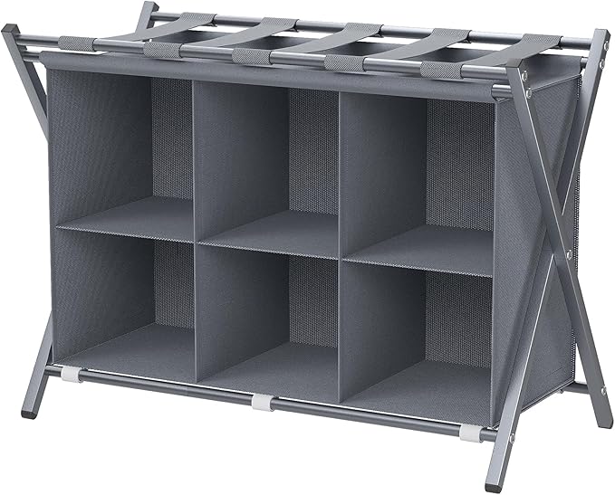 Luggage Rack for Guest Room, Folding Suitcase Stand with 6-Cube Fabric Storage Shelf, Luggage Holder, Steel Foldable Luggage Stand for Guest Room, Bedroom, Hotel, Grey