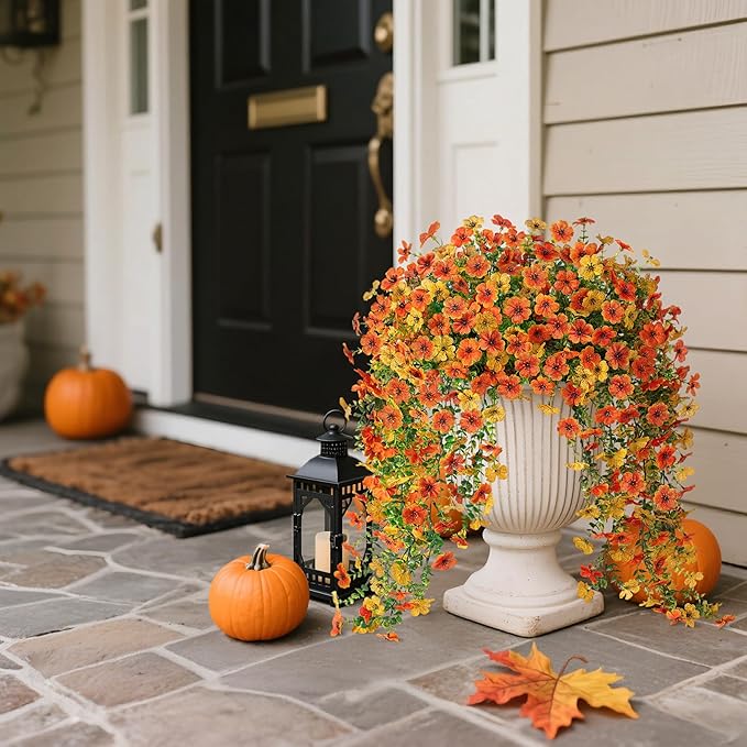 Artificial Hanging Flowers for Outdoors Fake Plants Decoration, 2 Packs Faux Silk Daisy Flower Realistic Outdoor Flowers UV Resistant Porch Patio Window Yard Indoor Spring Decor(Yellow Orange)