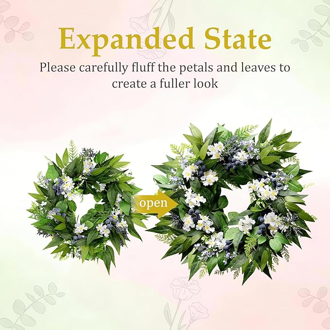 22 Inch Blueberry Spring Summer Wreath for Front Door, Artificial Wreath with Blue Berries and White Blossoms, Modern Farmhouse Wall Wedding Home Outdoor Decor, Year Round All Season Greenery Wreath