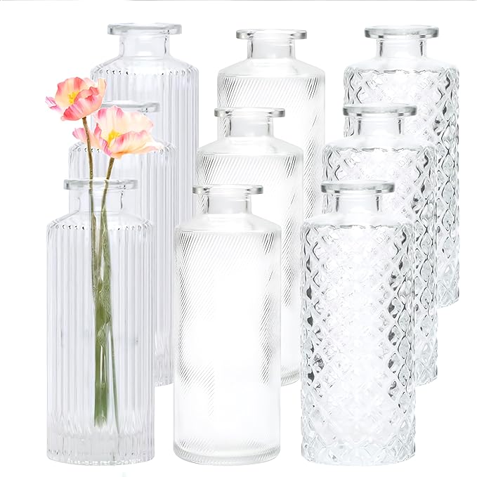 Brajttt Glass Bud Vase Set in Bulk, 9pcs Mini Vintage Flower Vases for Wedding, Clear Relief Vase for Centerpieces,Home Table Flower Decor, Party Decorations
