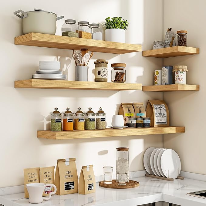 Acovy 40 Inch Floating Shelves, 3D Textured Wood Grain, 40"x9.25"x1.5" Inch Deep Floating Shelves for Wall, Wooden Shelves for Bathroom, Bedroom, Living Room, Natural, 1 Piece