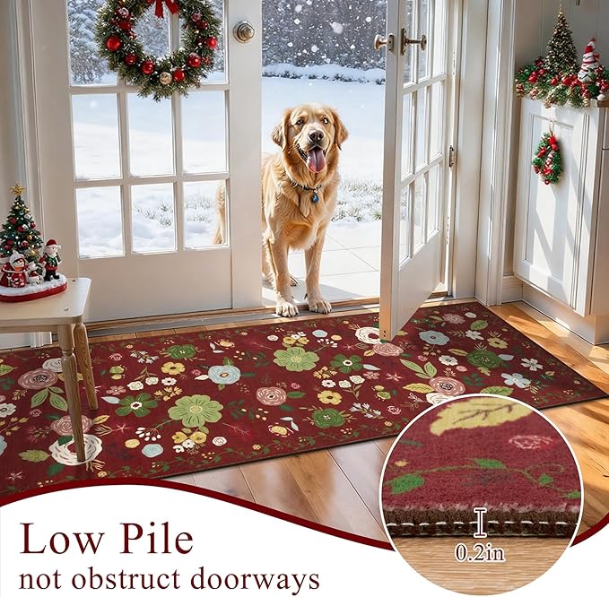 U'Artlines Red Christmas Runner Rug for Hallways,2'6" x 10'Colorful Floral Carpet Soft Non Slip Washable Floor Carpet Runners for Entryway Laundry Room Bathroom