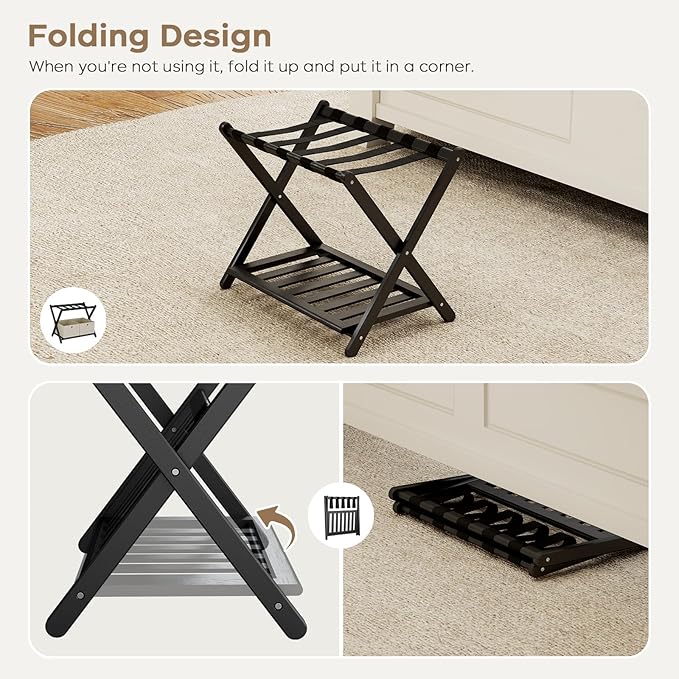 Fully Assembled Black Luggage Rack for Guest Room, Bamboo Foldable Suitcase Stand with 5 Nylon Straps, Upgraded Luggage Rack Holder with Shelf for Bedroom Hotel, Holds up to 165 Lbs, 1pcs