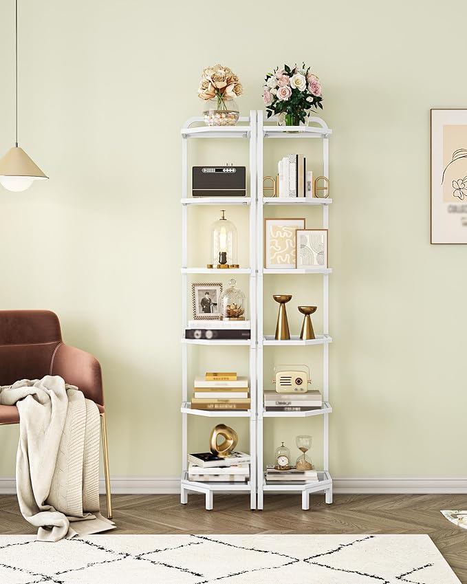 Hzuaneri Corner Shelf Stand,6-Tier Glass Bookshelf Bookcase, Bathroom Organizer, Plant Stand, Steel Frame, Tempered Glass, Modern Style for Living Room, Bathroom, Kitchen, White CS90613W