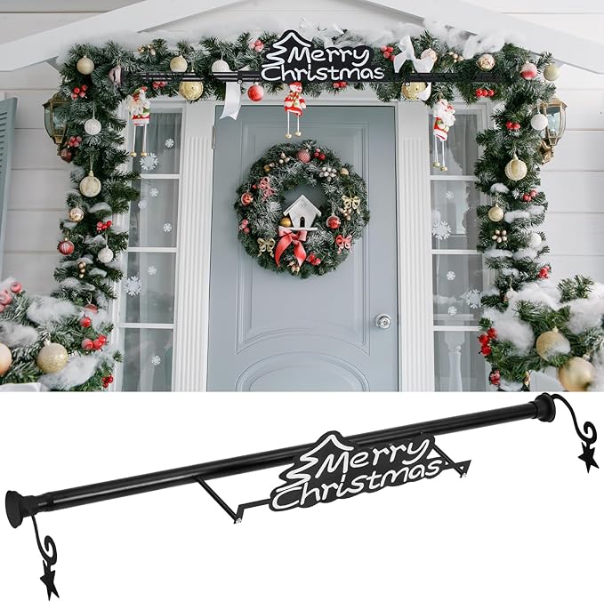 MorningRo 35.5" - 63" Christmas Garland Hanger for Front Door Adjustable Wreath Hanger No Nails or Screws Heavy Duty Black Metal Hook with Christmas Sign for Different Door Holding Wreath Xmas Decor