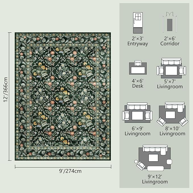Vintage Botanical Dark Green Area Rug 9x12 Elegant Floral Pattern, Durable Stain-Resistant Fabric, Perfect for Living Room, Bedroom, Dining Room Decor