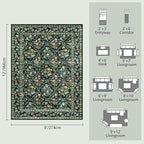 Vintage Botanical Dark Green Area Rug 9x12 Elegant Floral Pattern, Durable Stain-Resistant Fabric, Perfect for Living Room, Bedroom, Dining Room Decor
