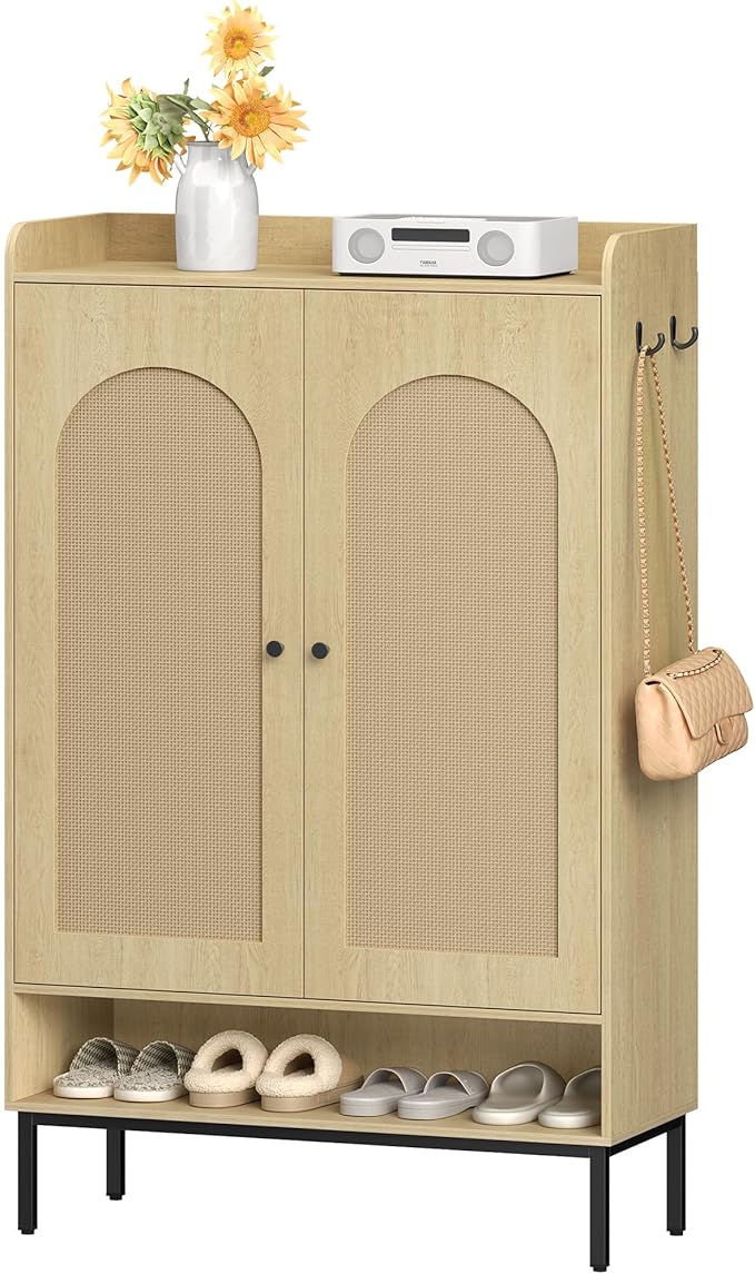 Shoe Cabinet with Doors, 7-Tier Shoe Storage Cabinet with Adjustable Shelves, Wooden Shoes Organizer Cabinets with Top Storage Layer, 28-32 Pairs, for Entryway, Hallway, Rattan SR68702Y